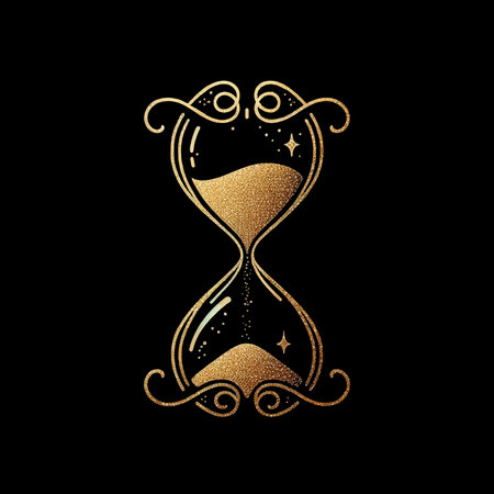 Gold glitter lines luxury hand drawn hourglass pattern illustration on a black background. Isolated...