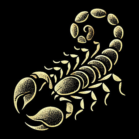 Gold lines glittery scorpion pattern illustration on black background. Beautiful isolated vector...