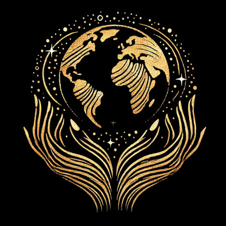 Gold glittery lines Earth held by two stylized hands on black background. Golden line art vector isolated pattern illustration. Cop29. Global warming. Climate change. Ecology. Grunge ornate design.のイラスト素材