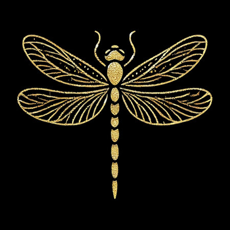 Gold lines glittery dragonfly pattern illustration on black background. Beautiful isolated vector dragonfly insect. Grunge surface texture. Decorative ornate modern design.のイラスト素材