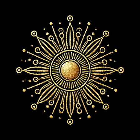 Golden glittery lines vector sun pattern illustration on black background. Surface textured luxury gold sun with intricate decorative rays. Beautiful modern isolated ornate design. Grunge texture.のイラスト素材