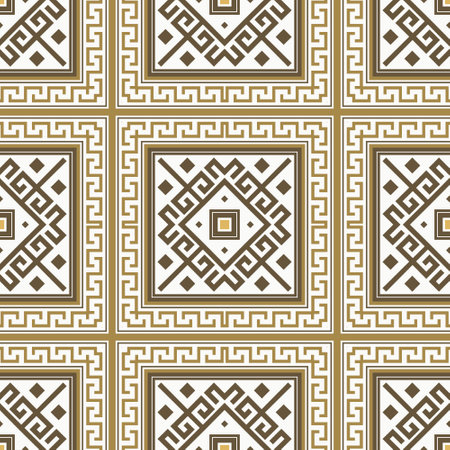 Tribal ethnic native seamless pattern with rhombus, square borders, frames. Ornate green background. Colorful geometric ornament. Abstract ornamental elegant design. Greek key meander. Endless textureのイラスト素材