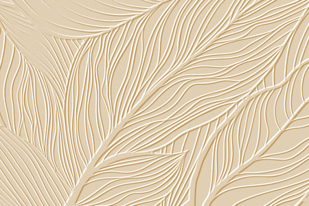 Textured emboss 3d lines leaves tropical hand drawn pattern. Embossed ornamental floral background. Golden vector backdrop. Relief ornaments with surface branches, leaves, lines. Grunge 3d texture.のイラスト素材