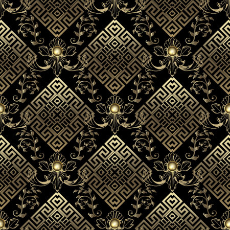 Luxury 3d Floral vintage seamless pattern with gold ancient style rhombus, golden Baroque flowers, gold 3d buttons, greek key meander. Beautiful ornaments on black background. Vector endless texture.のイラスト素材