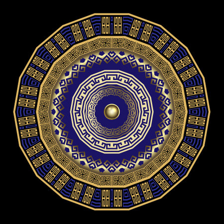 3d luxury mandala pattern with dreek key meander, round gold button, golden borders frames. Ornate jewelry greek background. Surface ornaments. Abstract modern colorful isolated design on black.のイラスト素材