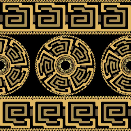 Luxury golden frames borders seamless pattern with traditional Chinese style mazes, meanders, circles. Beautiful tribal ethnic gold border frame ornaments on black background. Vector endless texture.のイラスト素材