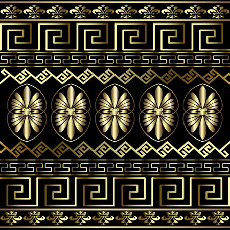 Luxury 3d gold borders seamless pattern with greece ancient style golden flowers, greek key meander. Beautiful vintage floral border ornaments on black background. Vector endless surface glow textureのイラスト素材