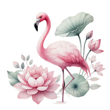 Delicate beautiful watercolor pattern background illustration with pink flamingo, green lotus leaves and blooming pink lotus flowers. Elegance isolated vector drawing design on white.のイラスト素材