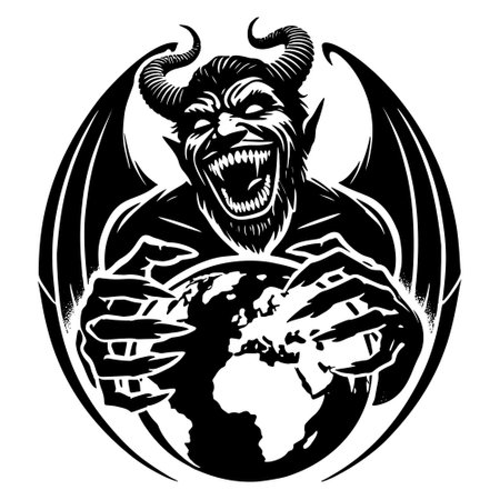 Black and white laughing demon silhouette with horns, wings and sharp claws, holding the Earth in its hands. Vector creative isolated smiling horror evil illustration on white background.のイラスト素材