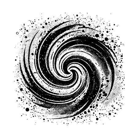 Rough grunge textured abstract dirty black geometric noise half tone spiral vortex pattern on white background. Vector isolated dynamic grungy halftone spiral, brush strokes, lines, dots. Elementのイラスト素材