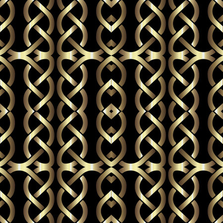 Intertwined intricate gold lines and shapes 3d seamless pattern. Vector ornamental elegant gold and black luxury background. Repeat grid backdrop. Modern beautiful shiny ornaments. Endless 3d texture.のイラスト素材