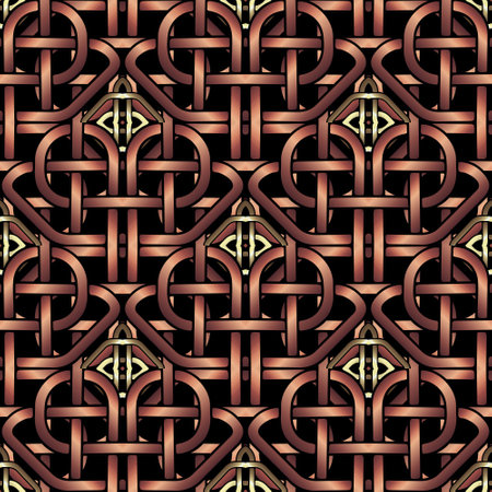 Intertwined intricate gold red lines and shapes 3d celtic seamless pattern. Vector ornamental elegant luxury background. Repeat grid backdrop. Modern beautiful shiny ornaments. Endless 3d texture.のイラスト素材