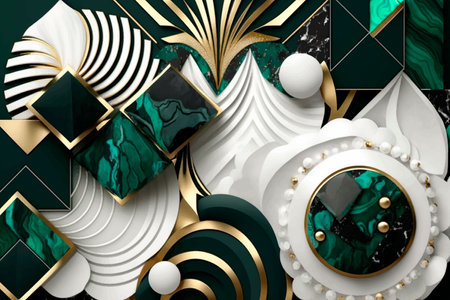 3d Jewelry Emerald green marble textured luxury gemstones pattern background. Floral abstract ornaments illustration with rhombus, circles, flowers, glitter, malachite. Beautiful textured 3d design.のイラスト素材