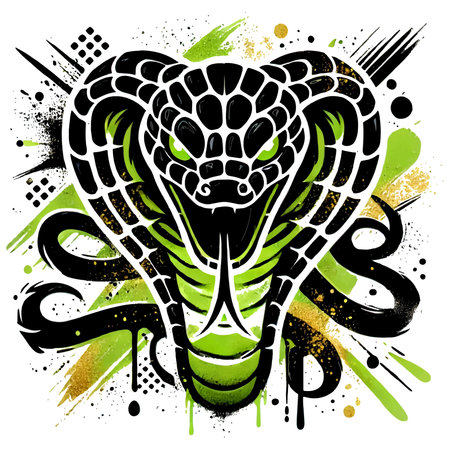 Graffiti style drawn cobra with an open hood, fierce green eyes, sharp fangs, splashes and patterns. Vector snake isolated silhouette illustration on white background. Symbol of the new 2025 year.のイラスト素材