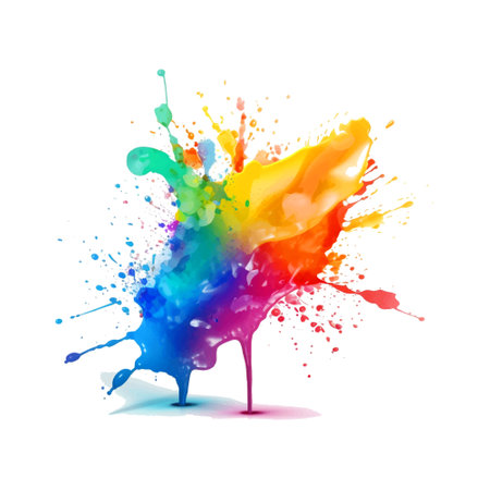 Bright colorful watercolor splash splatter stain brush stroke drops on white background. Modern vibrant aquarelle spot. Rainbow trendy isolated design on white. Element. Vector watercolor illustrationのイラスト素材