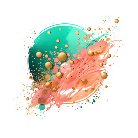 Modern colorful watercolor splash blot splatter stain. Teal pink colors round liquid watercolor brush stroke spot. Beautiful trendy textured hand drawn vector illustration. Isolated design on white.のイラスト素材