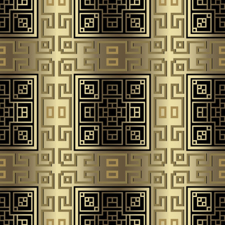 Gold luxury checkered greek style modern 3d seamless pattern. Ornamental gold and black grid background. Repeat vector backdrop. Beautiful vintage ornaments with greek meander. Endless ornate texture.のイラスト素材