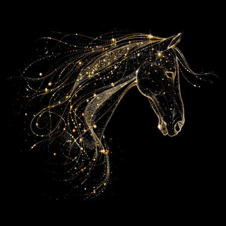 Gold glittery luxury glowing 3d horse with beautiful mane. Modern ornamental vector background. Golden glow decorative lines horse with sparkles, glitter. Grunge ornate texture.のイラスト素材