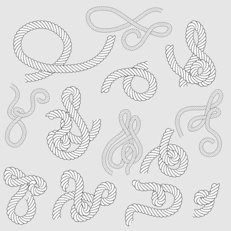 Doodle hand drawn knotted ropes set. Black and white drawing vector collection with intricate ropes, doodles, squiggles. Elements. Isolated design.のイラスト素材