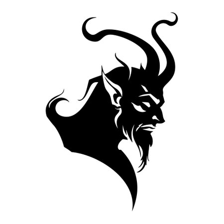 Black and white horned devil head silhouette, Horror ominous evil with horns. Mystical being. Vector black isolated devil profile on white background. Mythical darkness creature.のイラスト素材