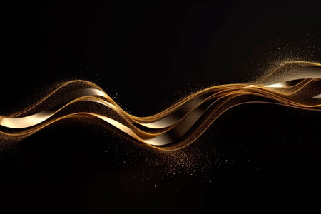 3d Gold wave flow lines and golden glitter on black background. Luxury golden flowing wavy lines glowing pattern with gold spray, sparckles. Shiny decorative ornate modern design. Liquid ornaments.のイラスト素材