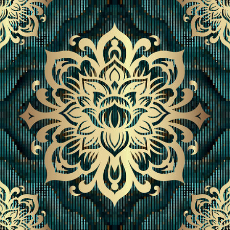 Textured halftone luxury floral seamless pattern with gold flowers. Ornamental grunge half tone...