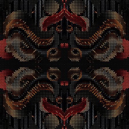 Black gold red halftone dashes pixel art textured 3d mosaic seamless pattern. Modern half tone dash...
