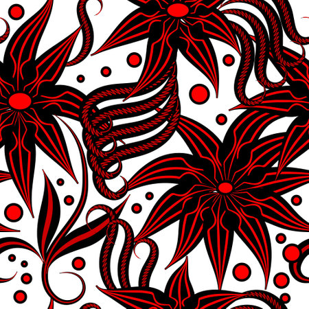 Hand drawn beautiful red and black abstract flowers, leaves, swils, circles, polka dots and curving lines on white background. Vector modern flowery ornaments. Ornate flourish design. Endless texture.のイラスト素材
