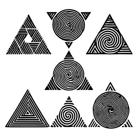Vector collection of black triangles with spiral lines, circles, stripes on white background. Set of spiral triangles. Isolated hand drawn design. Geometric patterns. Elements.のイラスト素材