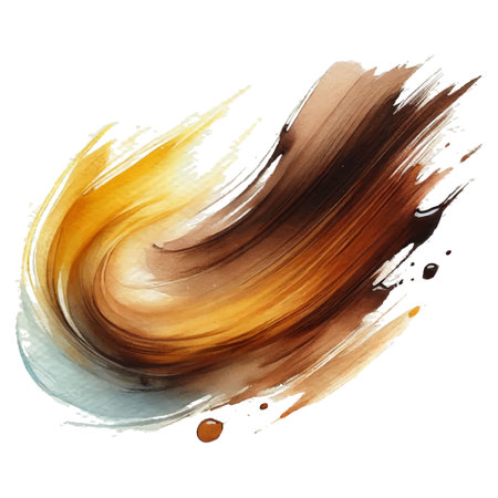 Brown yellow orange color dynamic flowing watercolor brushstroke splash stain spot on white background. Vector beautiful modern brush stroke pattern. Grunge texture. Hand drawn abstract illustration.のイラスト素材