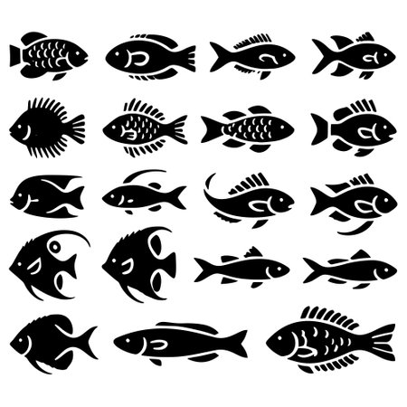Black vector silhouettes set of different fishes on white background. Isolated simple fishes collection. Minimalist design.のイラスト素材