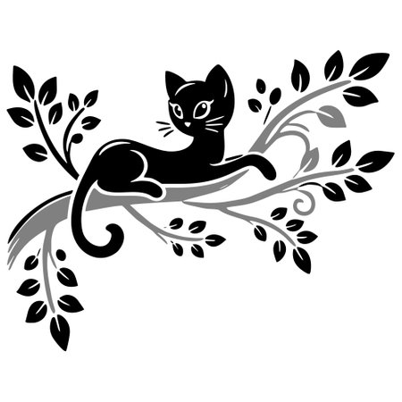 Black cute cat silhouette on a tree branch with leaves on white background. Beautiful isolated vector relaxing cat design. Minimalist.のイラスト素材