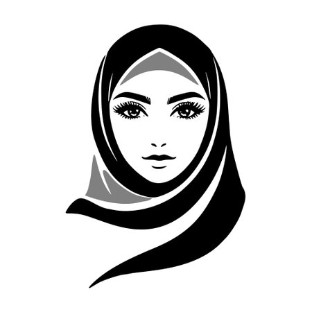 Black and white minimalistic lines face of a woman wearing a niqab. Muslim womans face silhouette. With hicab. Isolated vector design on white background.のイラスト素材