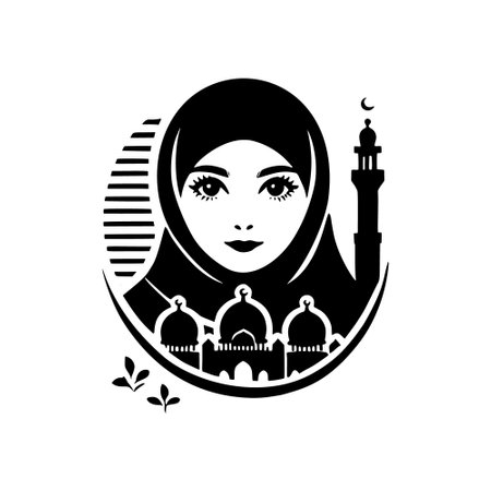 Vector simple black and white silhouette of a young Muslim girl child wearing a hijab and mosque silhouettes. Isolated design on white.のイラスト素材