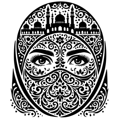 Vector Muslim arabic woman with ornamental hijab and a face veil, mosque silhouette and crescent moons in the background. Isolated black lines patterns on white. Black and white silhouettes.のイラスト素材