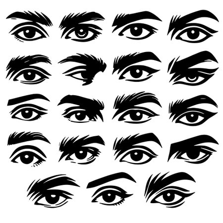 Collection of black and white male eyes with different shapes, expressions and eyebrow styles. Vector isolated eyes set on white background. Eyes silhouettes.のイラスト素材