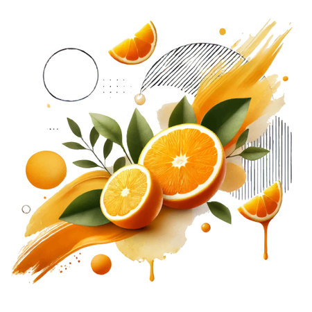 Modern isolated pattern illustration with fresh oranges, whole and sliced pieces, green leaves, watercolor splashes of orange, abstract shapes and lines, brush strokes on white vector bckground.のイラスト素材