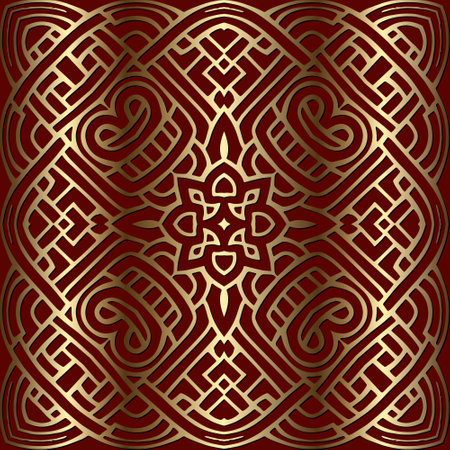 Gold intricate lines interlacing lacy 3d seamless pattern on red background. Beautiful elegant modern line art lace ornaments. Endless ornate texture. Vector fabric patterns with gold gradient.のイラスト素材