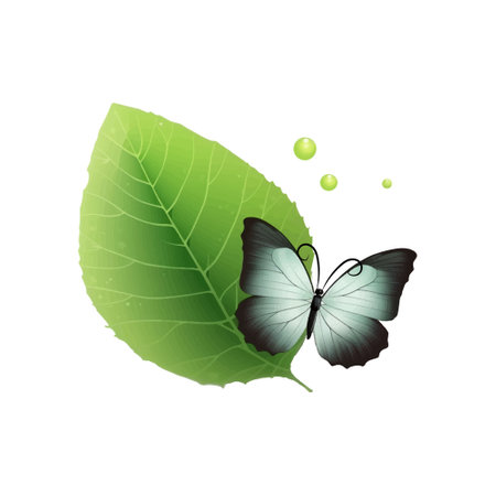 3d beautiful flying butterfly on green leaf. Drawing surface isolated butterfly insect pattern illustration on white background. Decorative modern amazing vector design.のイラスト素材