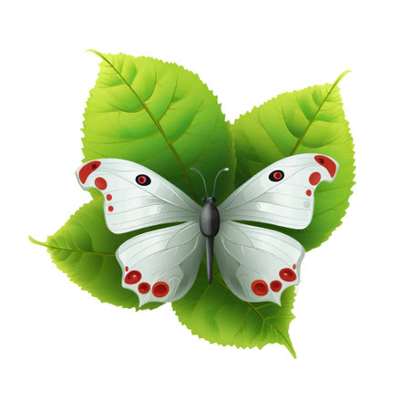 3d white butterfly on green leaves. Drawing surface isolated butterfly insect pattern illustration on white background. Decorative beautiful ornate vector design.のイラスト素材