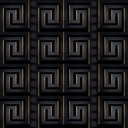 3d black and gold elegant luxury modern greece ancient style beautiful seamless pattern with greek key meander, borders, mazes. Vector dark black ornamental 3d art Deco background. Endless texture.のイラスト素材