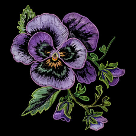 Embroidery 3d pansy flowers. Embroidered pansies flowers, leaves. Embroidery floral colorful vector background illustration. Tapestry beautiful stitch textured flowers. Stitching lines surface textureのイラスト素材