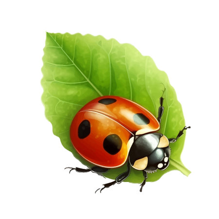 3d red and black cartoon ladybug on green leaf. Drawing surface isolated lady bug insect pattern illustration on white background. Decorative beautiful ornate design.のイラスト素材