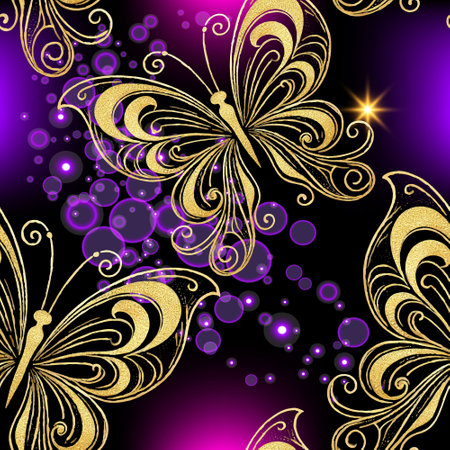 Luxury fantasy beautiful modern glowing 3d seamless pattern with gold glittery ornamental butterflies, bubbles, shiny stars. Glow magic vector background in purple, violet, pink, black, gold colors.のイラスト素材