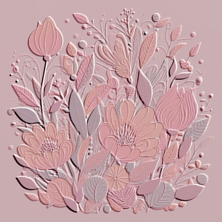 Pink pastel colors 3d hand drawn floral emboss line art flowers textured beautiful pattern. Embossed blooming flowers, leaves vector background. Doodle surface flowers, leaves. Grunge 3d texture.のイラスト素材