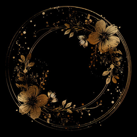 Luxury beautiful gold glittery circle frame with golden glowing 3d blossom flowers leaves. Modern shiny frames floral pattern with textured golden glitter. Surface glow ornate grunge 3d texture.のイラスト素材