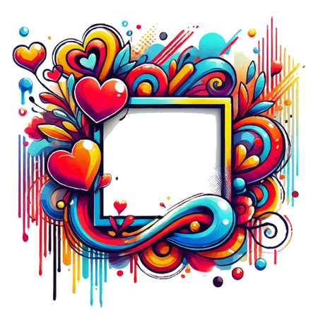 3d Bright colorful graffiti style fun love pattern with square frame, place for text, love hearts, swirls, liquid lines, flowers. Vector isolated card design on white background. Love frame, border.のイラスト素材