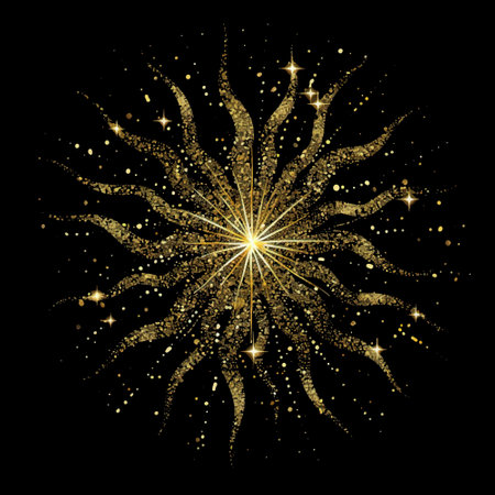 3d gold glittery beautiful luxury ornate shiny sun. Modern shine sun pattern with radial textured golden sunlights. Surface texture. Trendy decorative sunny background. Isolated grunge gold design.のイラスト素材