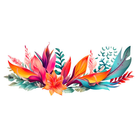 Watercolor tropical exotic flowers border. Painted drawing colorful flowers pattern. Colorful floral border ornaments on white background. Isolated artistic textured design. Branches, leaves, flowers.のイラスト素材