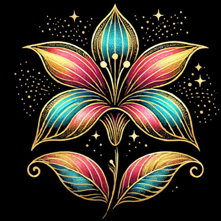 3d glowing textured gold glittery exotic beautiful flower with petals, leaves, sparkles, stars, dots on black background. Vector luxury colorful textured design with glow golden glitter.のイラスト素材